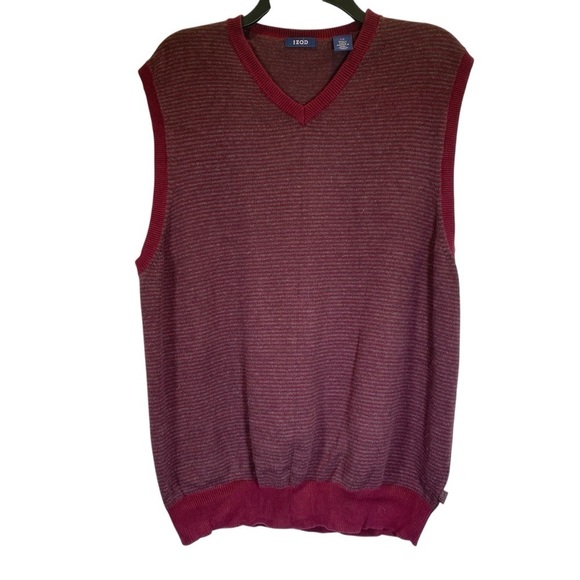 IZOD Classic Men's size Large burgundy gray striped v neck knit sweater vest - Picture 1 of 6